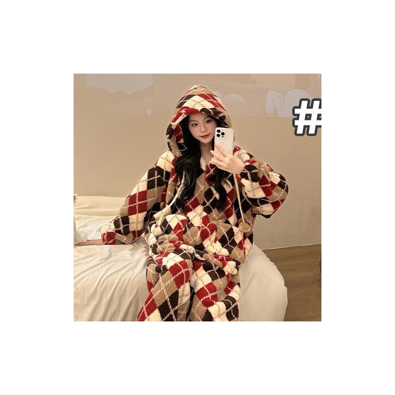 半边绒睡衣女连帽冬季加绒加厚保暖柔软舒适珊瑚绒宽松家居服外穿