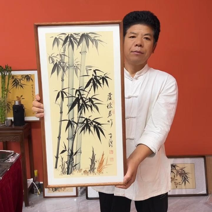 张富民作品/虚怀若竹（乌檀木实木框）（新版）/36*69cm左右