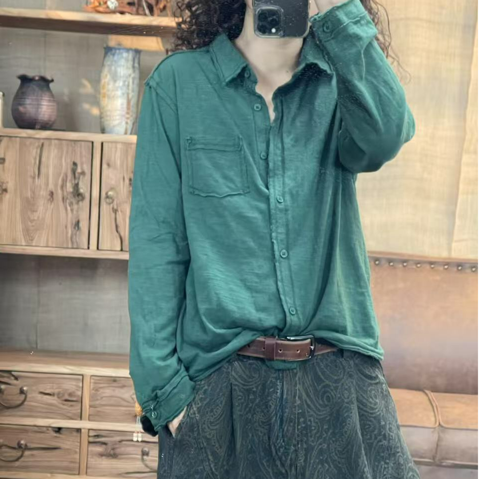 [四月阳光]秋季棉料水洗做旧毛边随身衬衫领打底(长62胸围106)