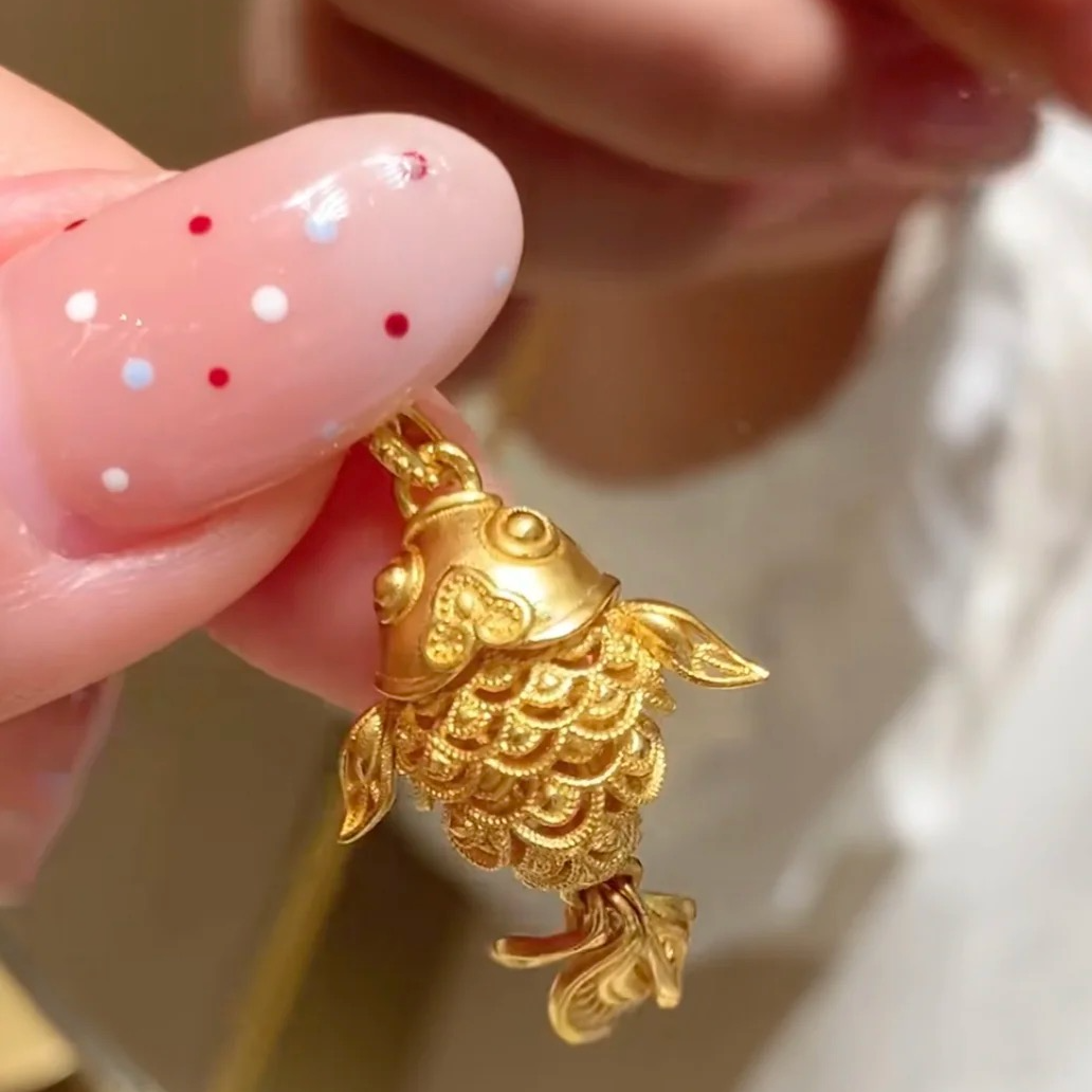 足金999真金古法金花丝锦鲤吊坠