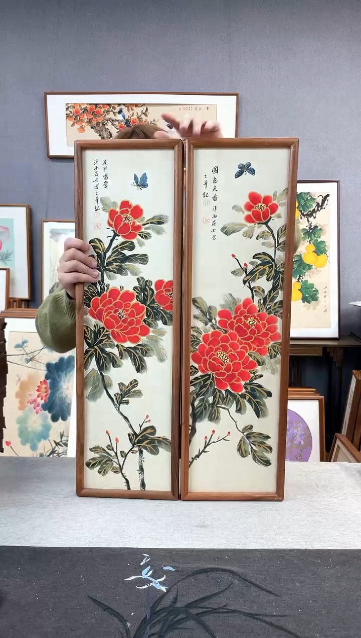 【闪购商品】国画孔德尚-手绘带框作品-20*70-牡丹