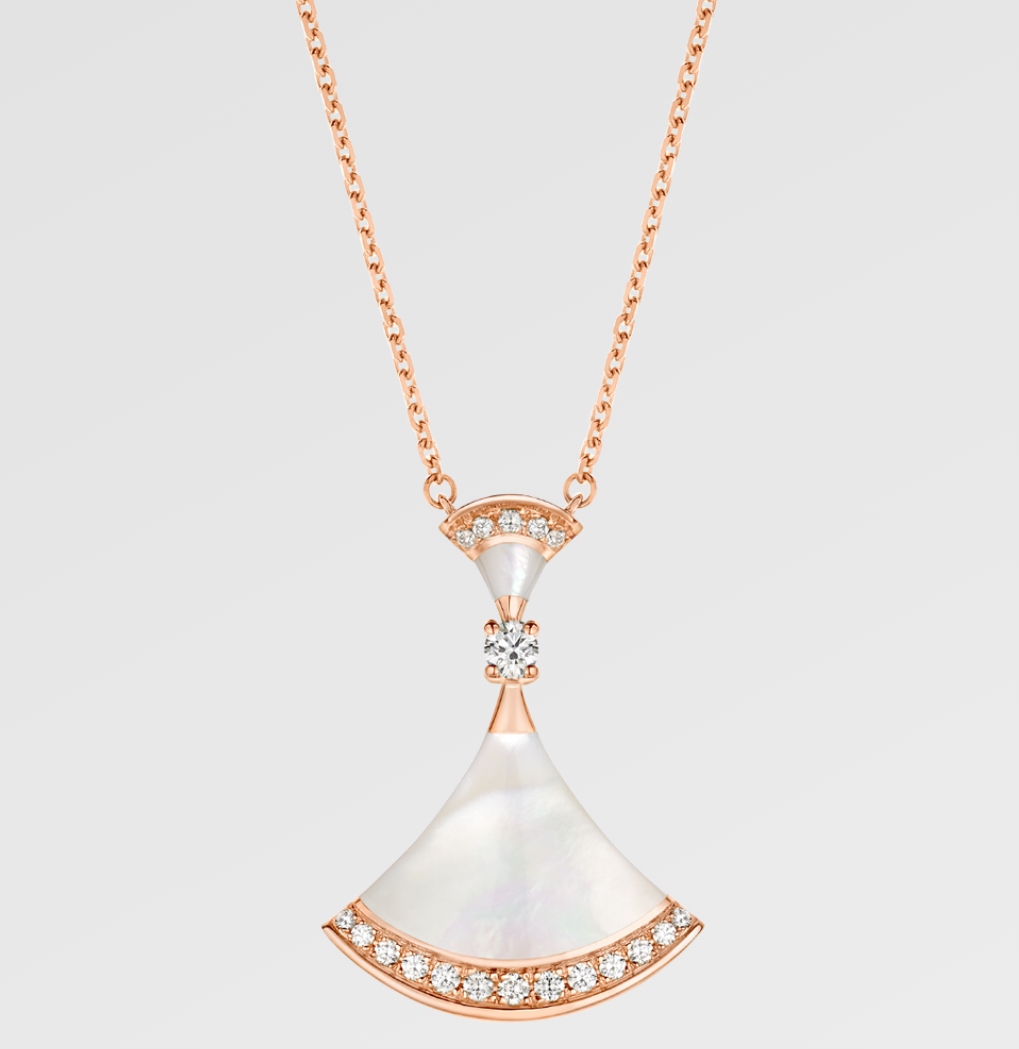 99新 BVLGARI/宝格丽 DIVAS白贝母镶钻边钻大号扇子项链玫瑰金 