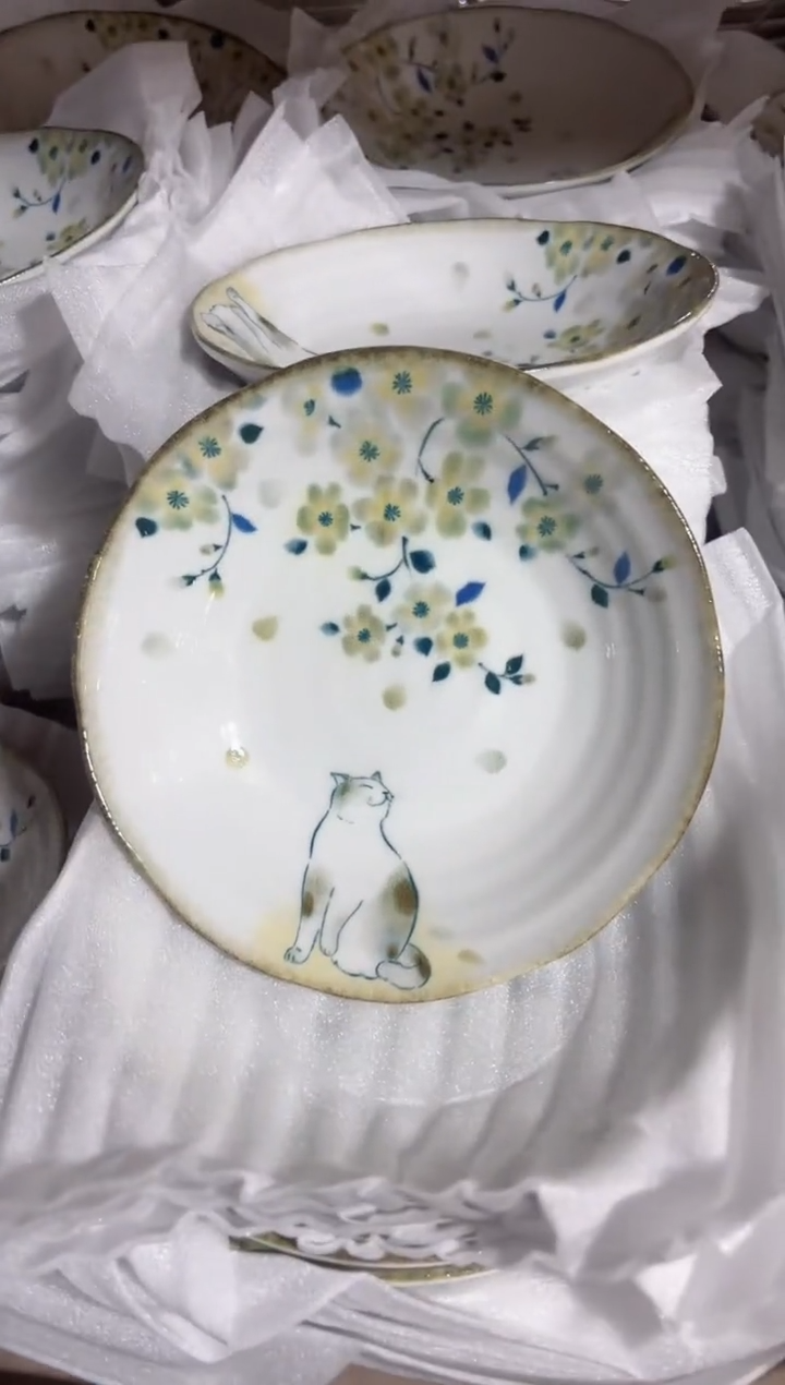 陶瓷【单支】日本进口美浓烧花见猫17cm深盘一个