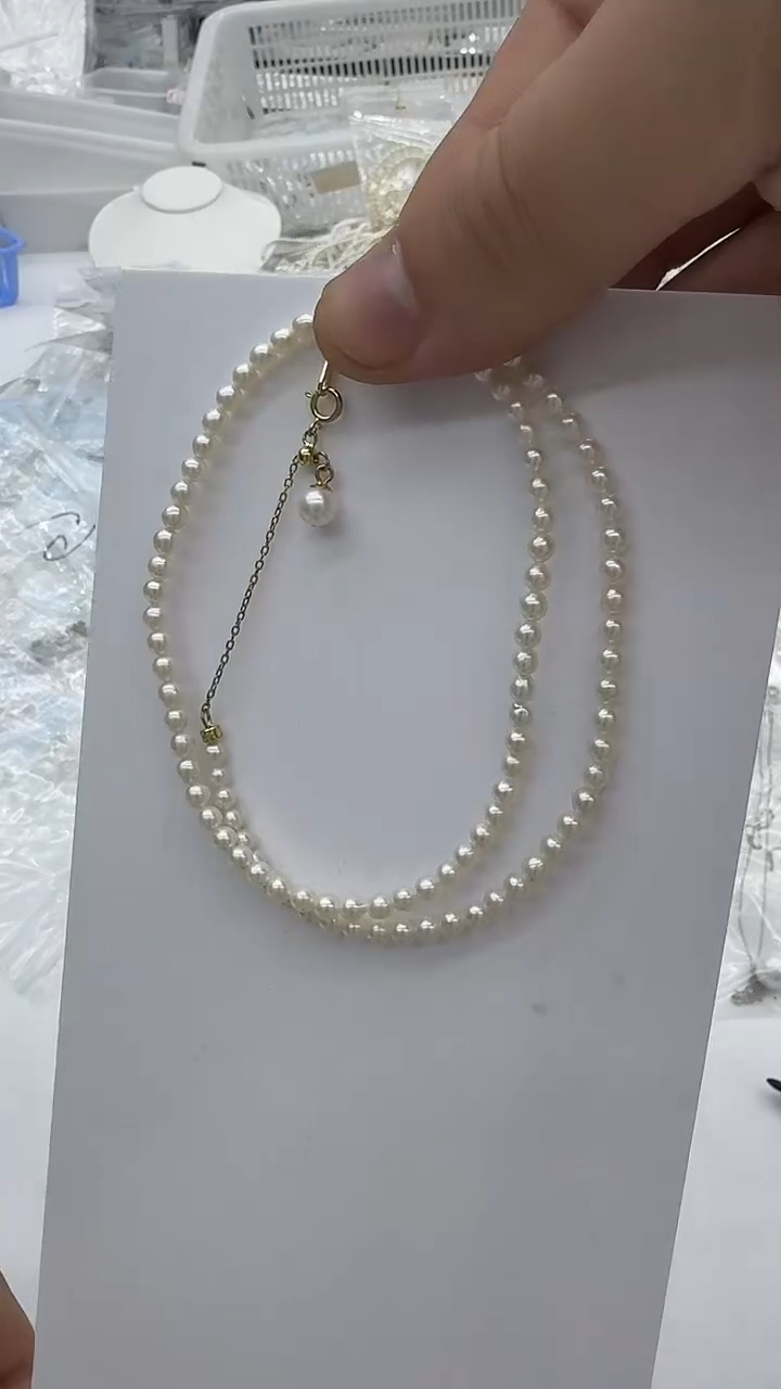 项链银S925镶嵌淡水珍珠3-4mm 吊小珠-孤品