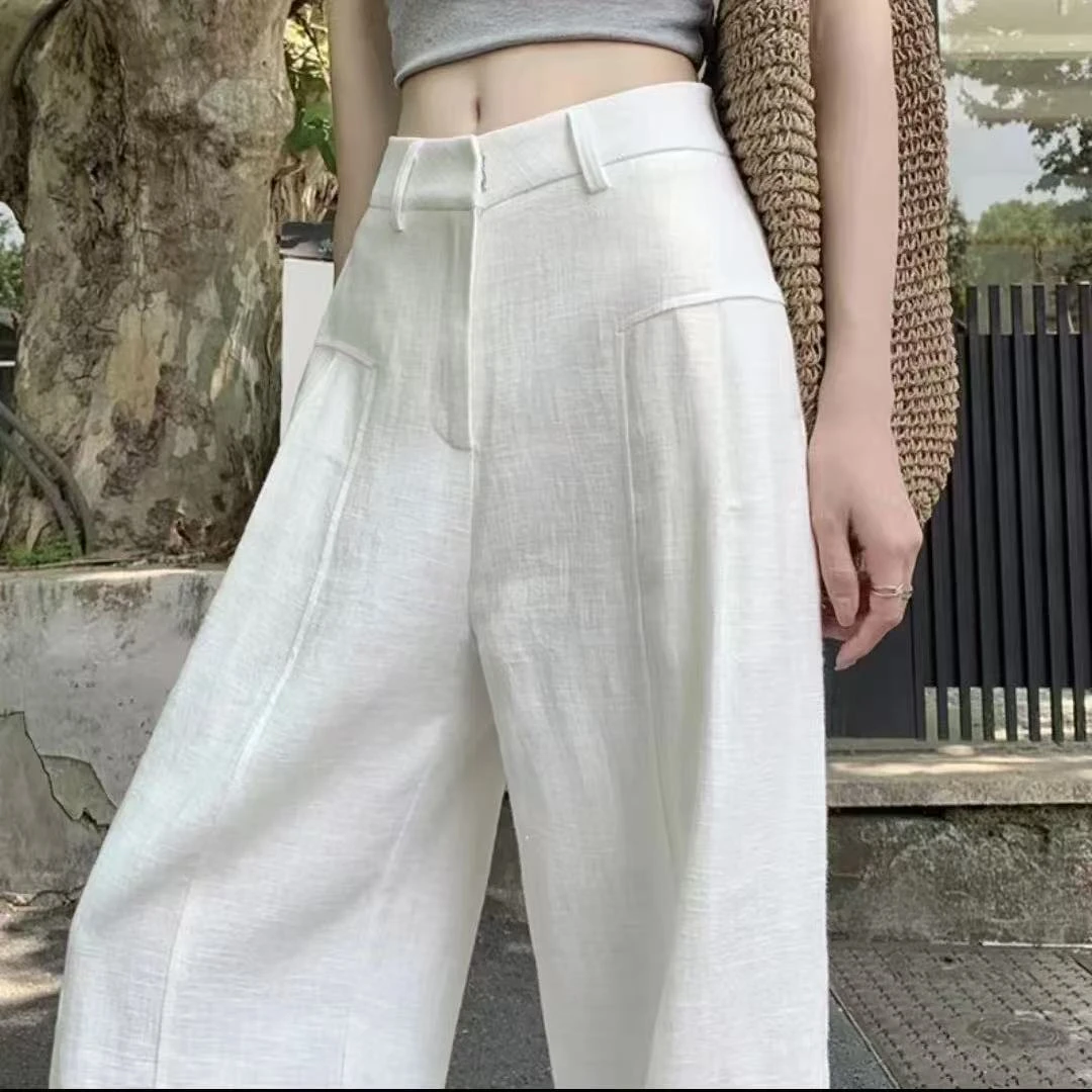 白色苎麻阔腿裤女2025夏季薄款高腰垂感老钱风西装亚麻棉麻QQ9966