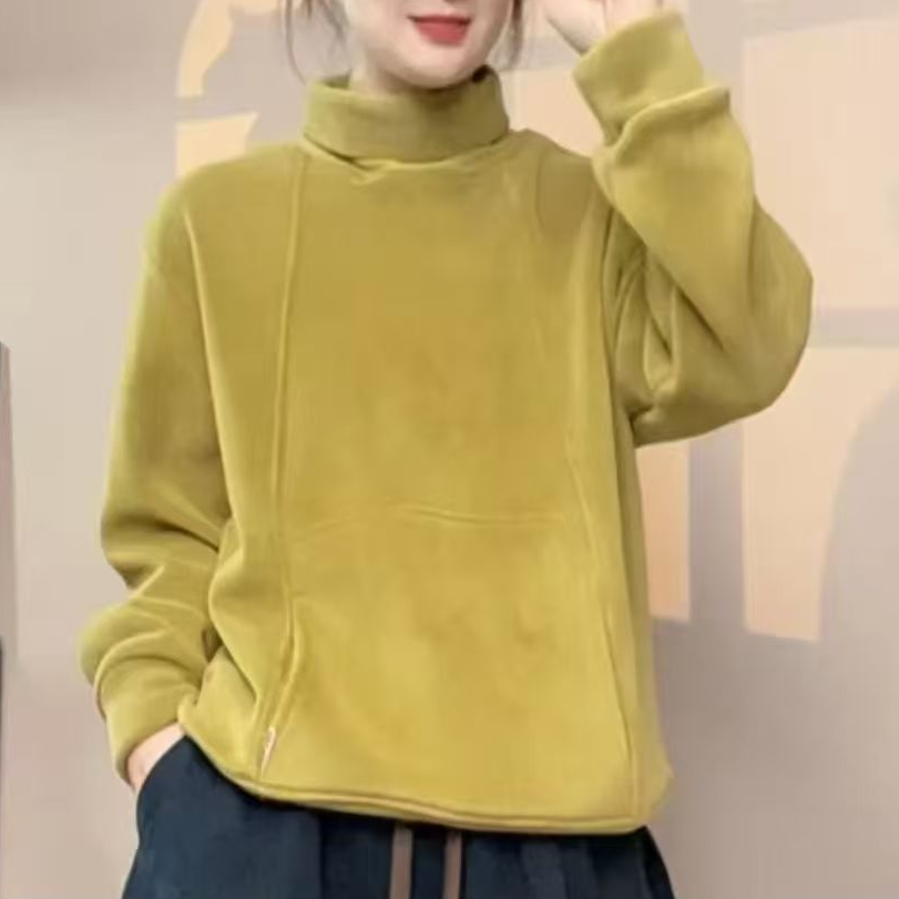 冬季新款保暖绒衫纯色拼接双面绒百搭休闲时尚宽松打底半高领女士