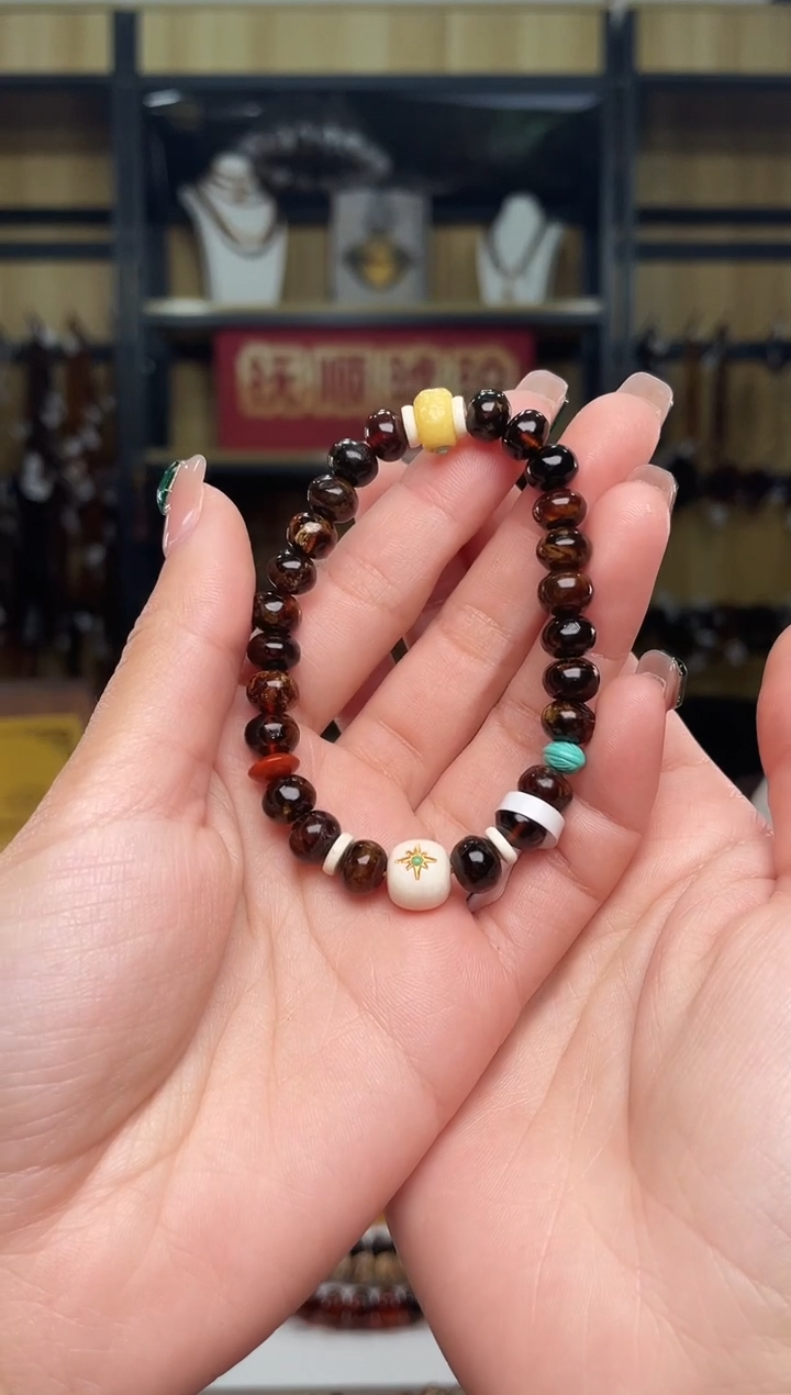 【闪购商品】琥珀裸石未镶嵌7+设计黑花手串