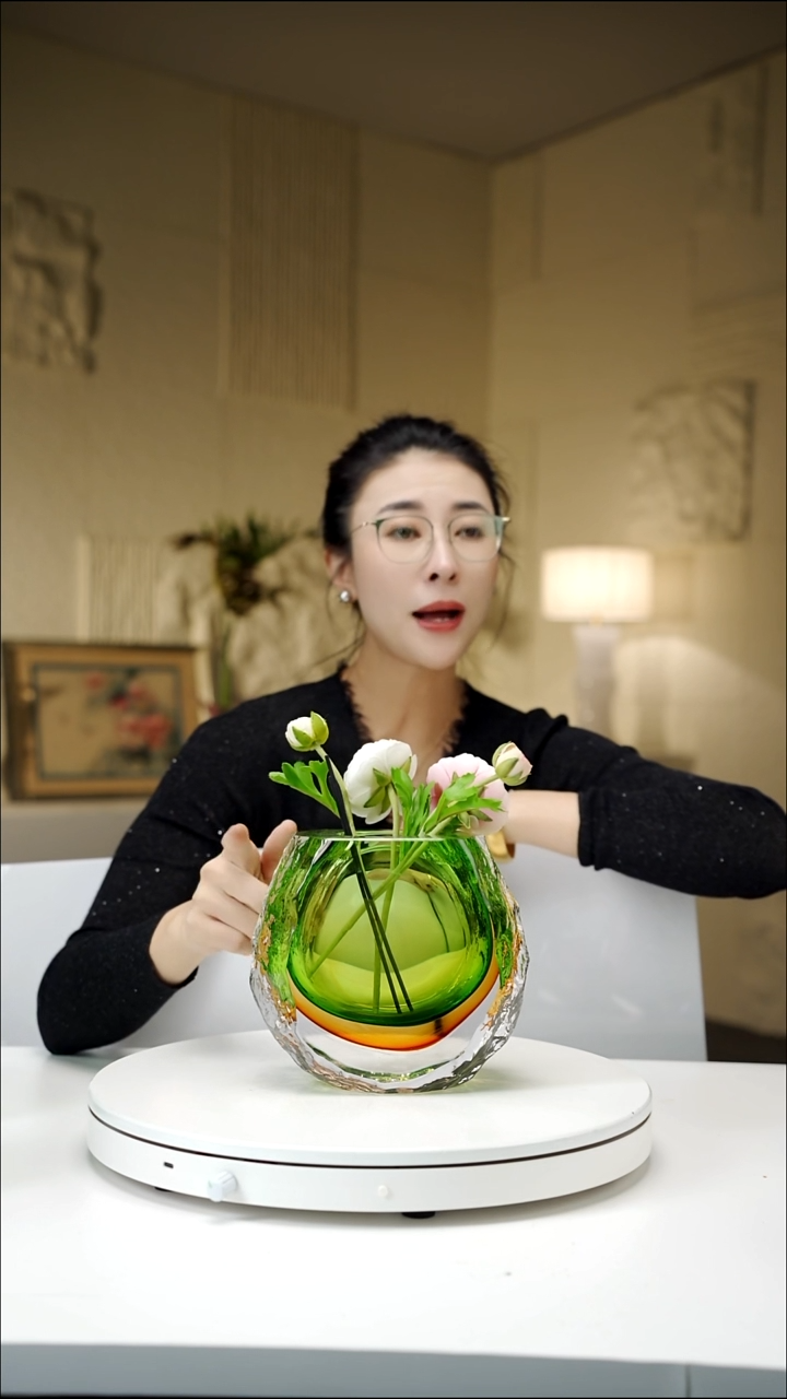 手工艺品琉璃琥珀绿肌理纹花瓶小号
