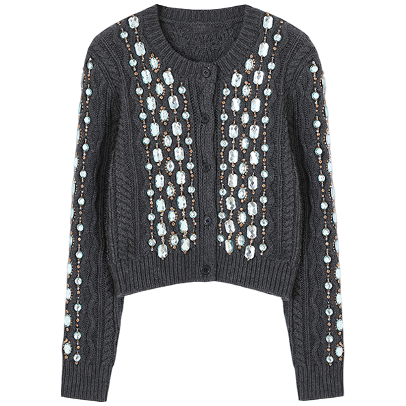 法式手工串珠时尚手工串珠气质羊毛针织开衫上衣外套-3044