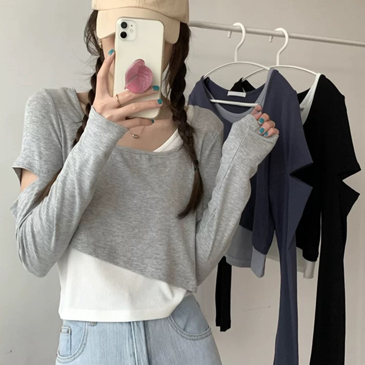 灰色假两件t恤女ins撞色设计感破洞打底衫春秋辣妹减龄长袖短上衣