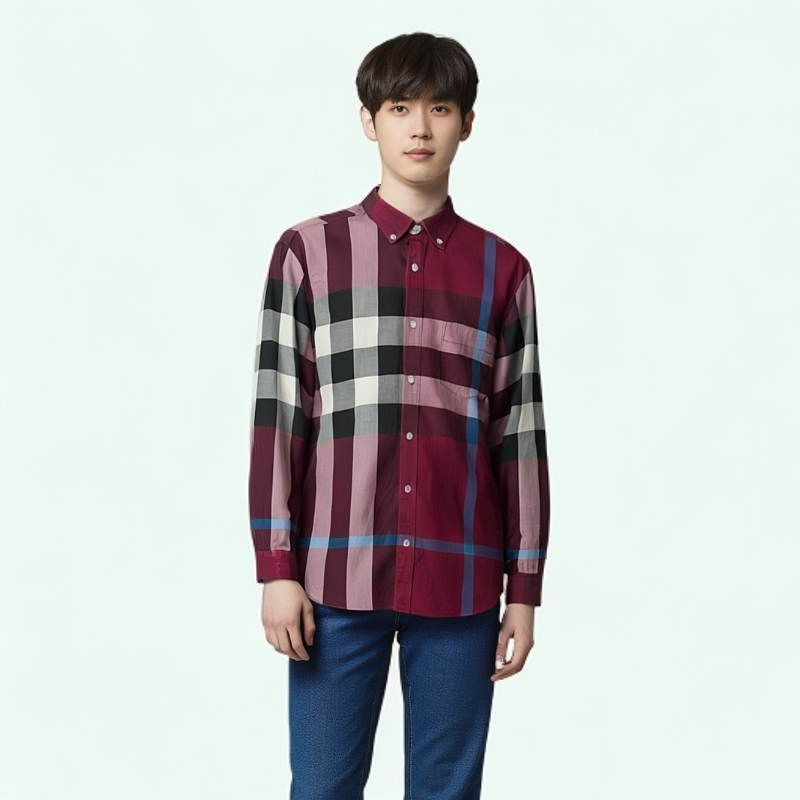 99新 BURBERRY/博柏利 12335014 经典格纹翻领衬衫 红色 M码
