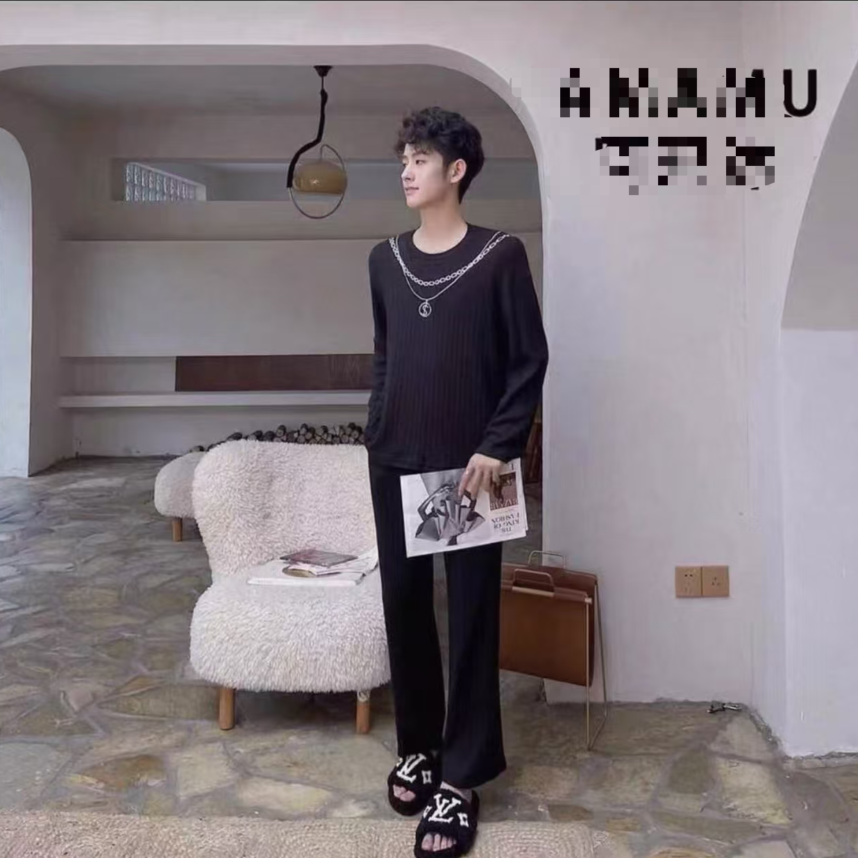 情侣秋季设计款项链套头家居服套装