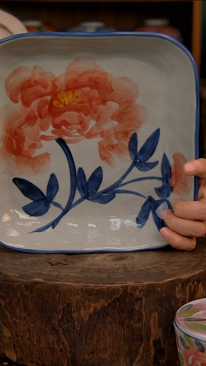 瓷片8英寸四方盘-红牡丹