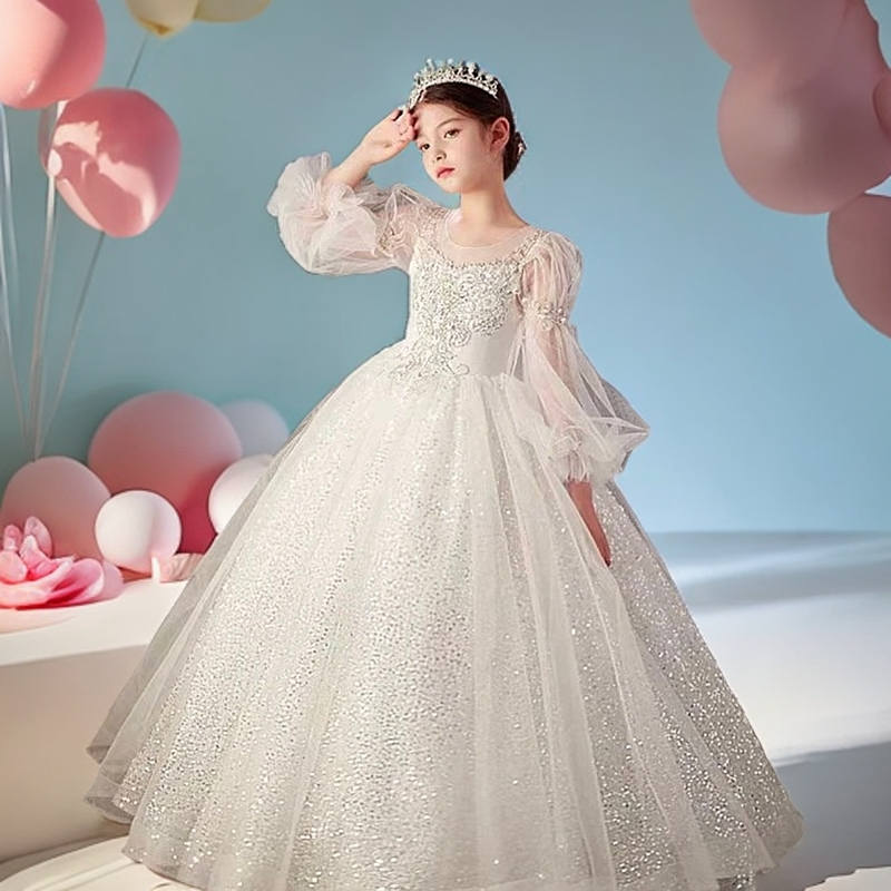 【仙气飘飘】女童主持人晚礼服钢琴演出服儿童公主裙白色生日宴大气