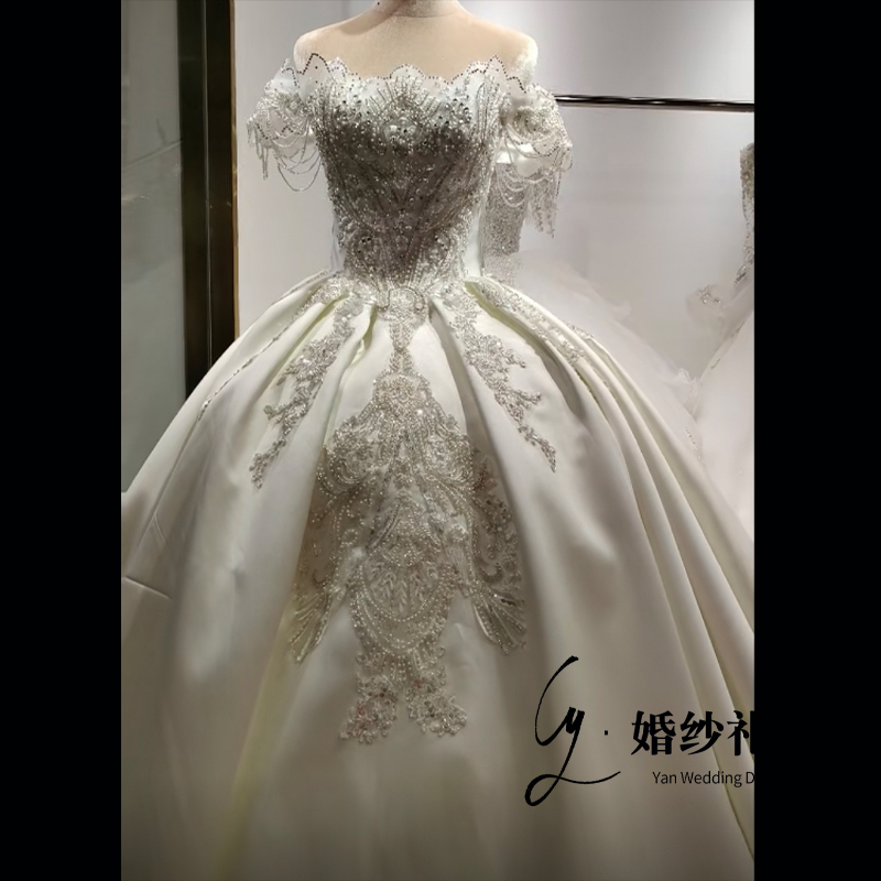 定制款 原创  一字肩有袖中腰重手工珠绣婚纱礼服宫廷风休闲风