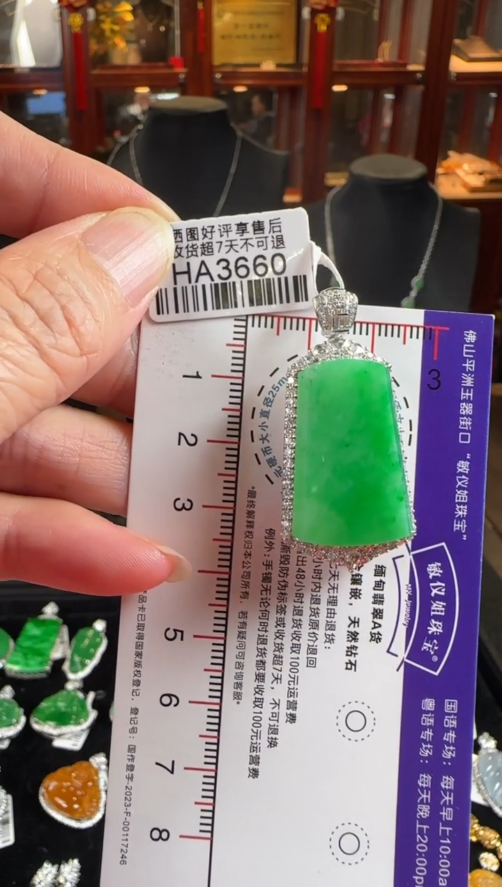 颈饰18K金镶嵌翡翠HA3660冰绿无事牌