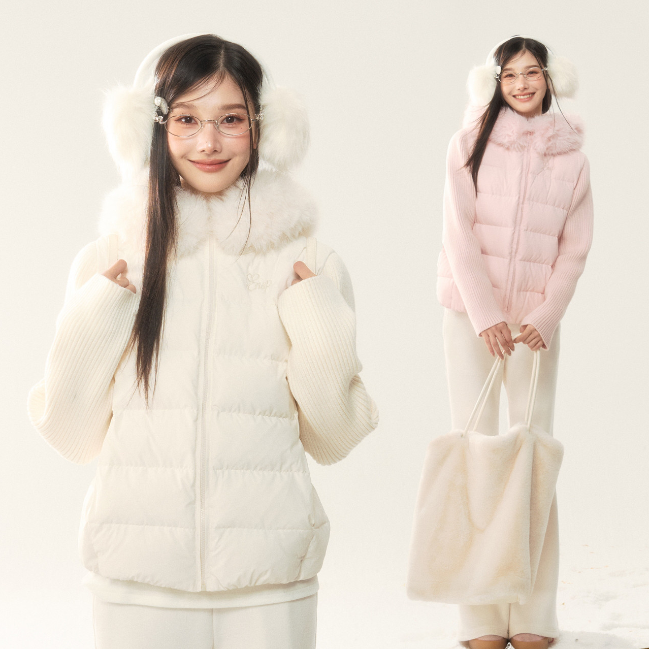 ELEVEN SLEEP冬季连帽羽绒服女韩系通勤毛领针织袖保暖厚外套上衣