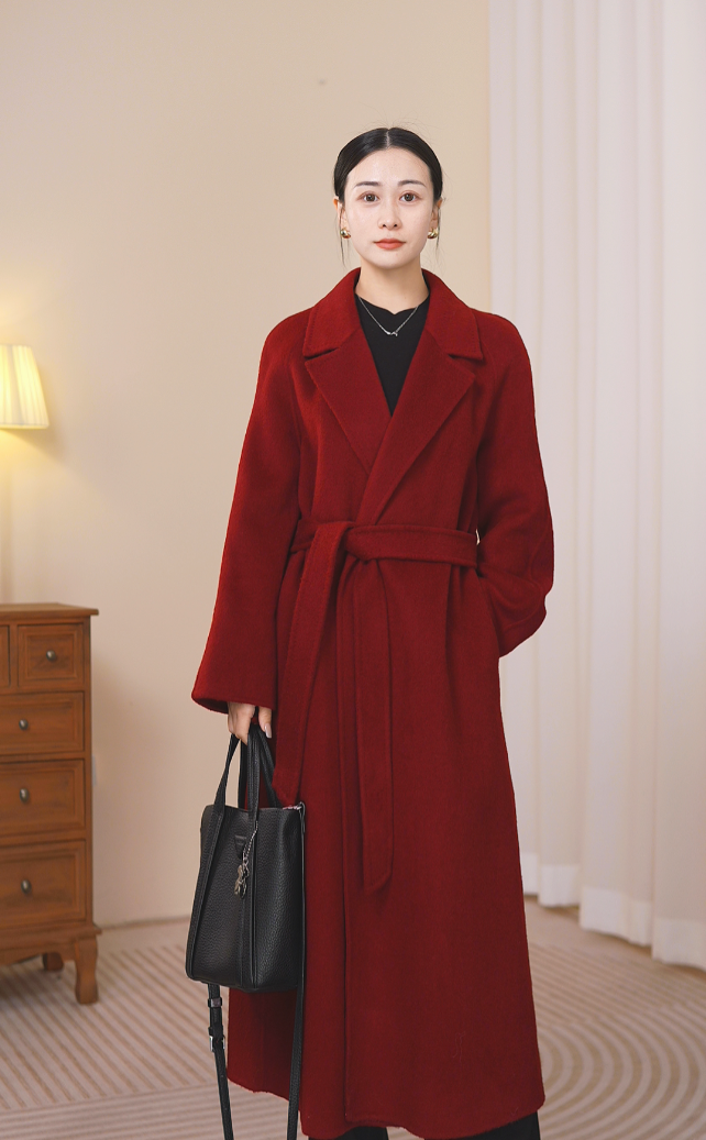 239830女士秋冬红黑色双面绵羊毛外套显瘦气质时尚大衣中长款