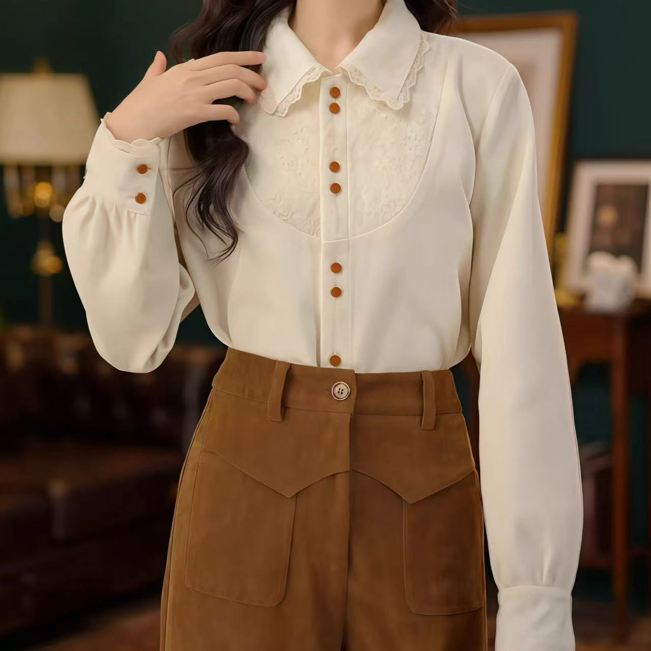 【777】港风设计感翻领衬衫温柔女秋冬内搭长袖通勤百搭上衣