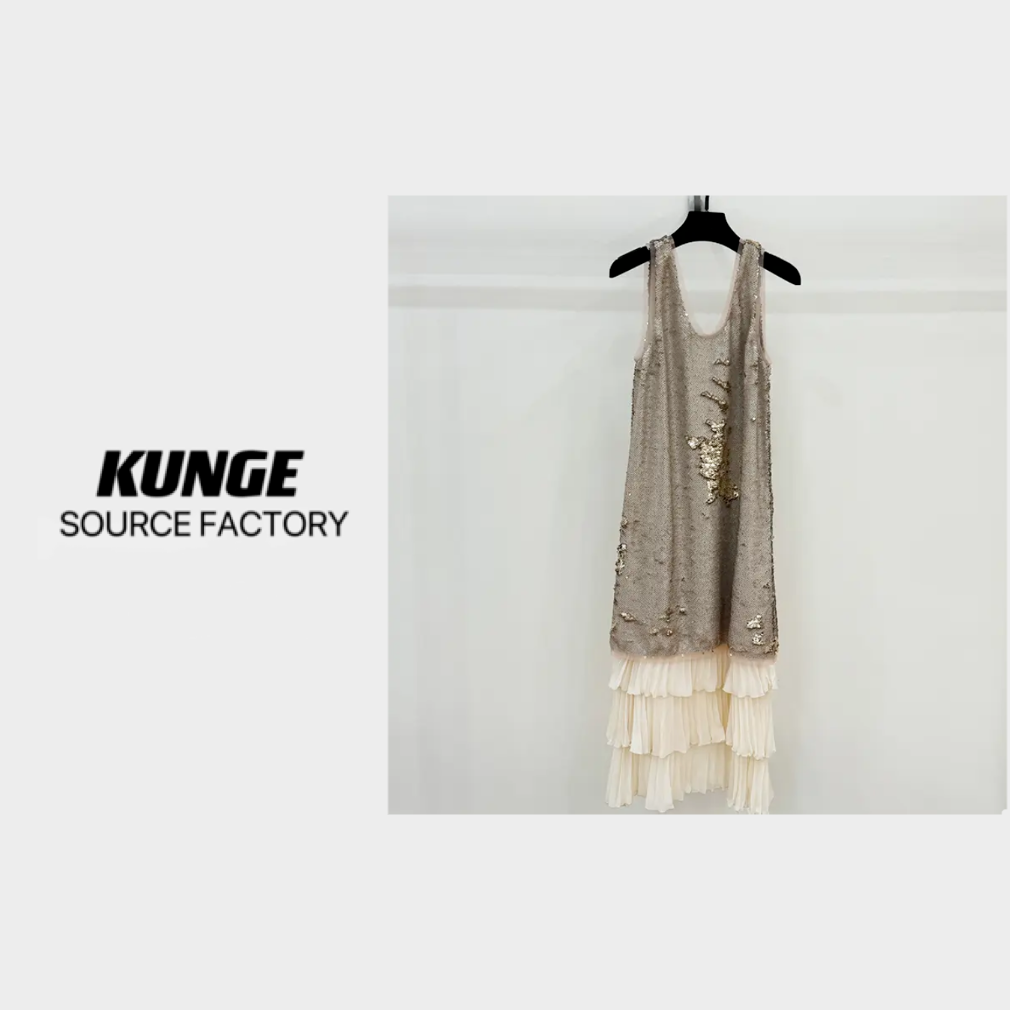 KUNGE-2025新款轻奢高级感重工亮片气质拼接裙-68005