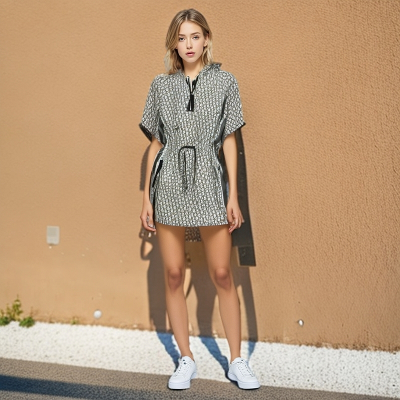 99新 DIOR/迪奥 /连衣裙/满印logo短袖带帽连衣裙/38码/0001210