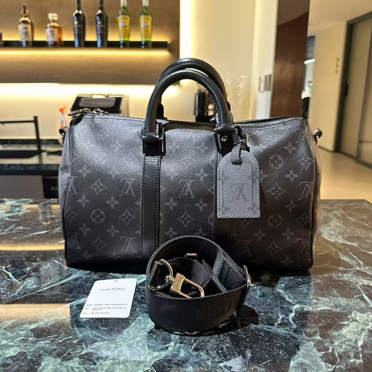 95新 LouisVuitton/路易威登 lv黑老花keep all35手提斜挎包