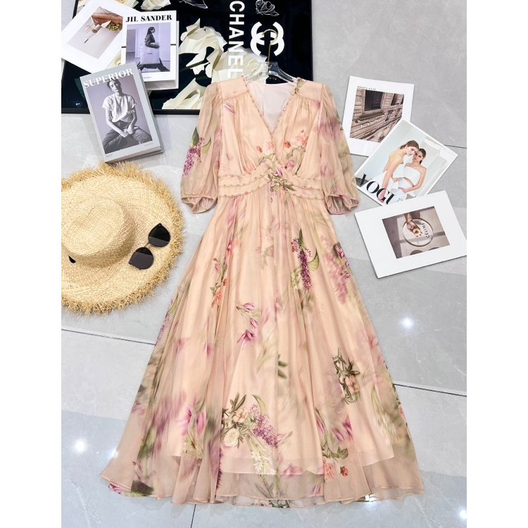 251296粉色花朵印花v领收腰显瘦连衣裙