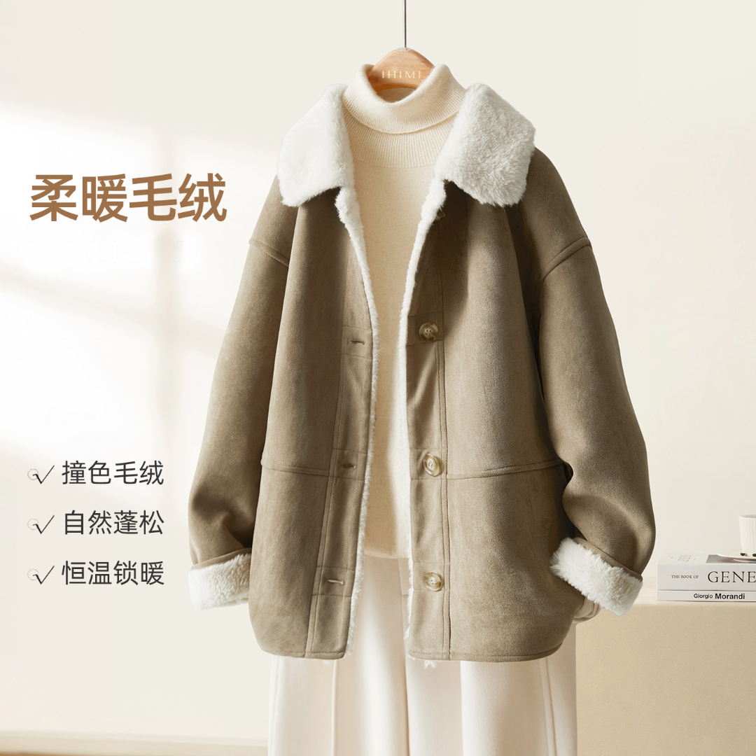 IHIMI/海谧环保皮毛一体撞色外套25冬温暖冬日松弛翻领一手长外套