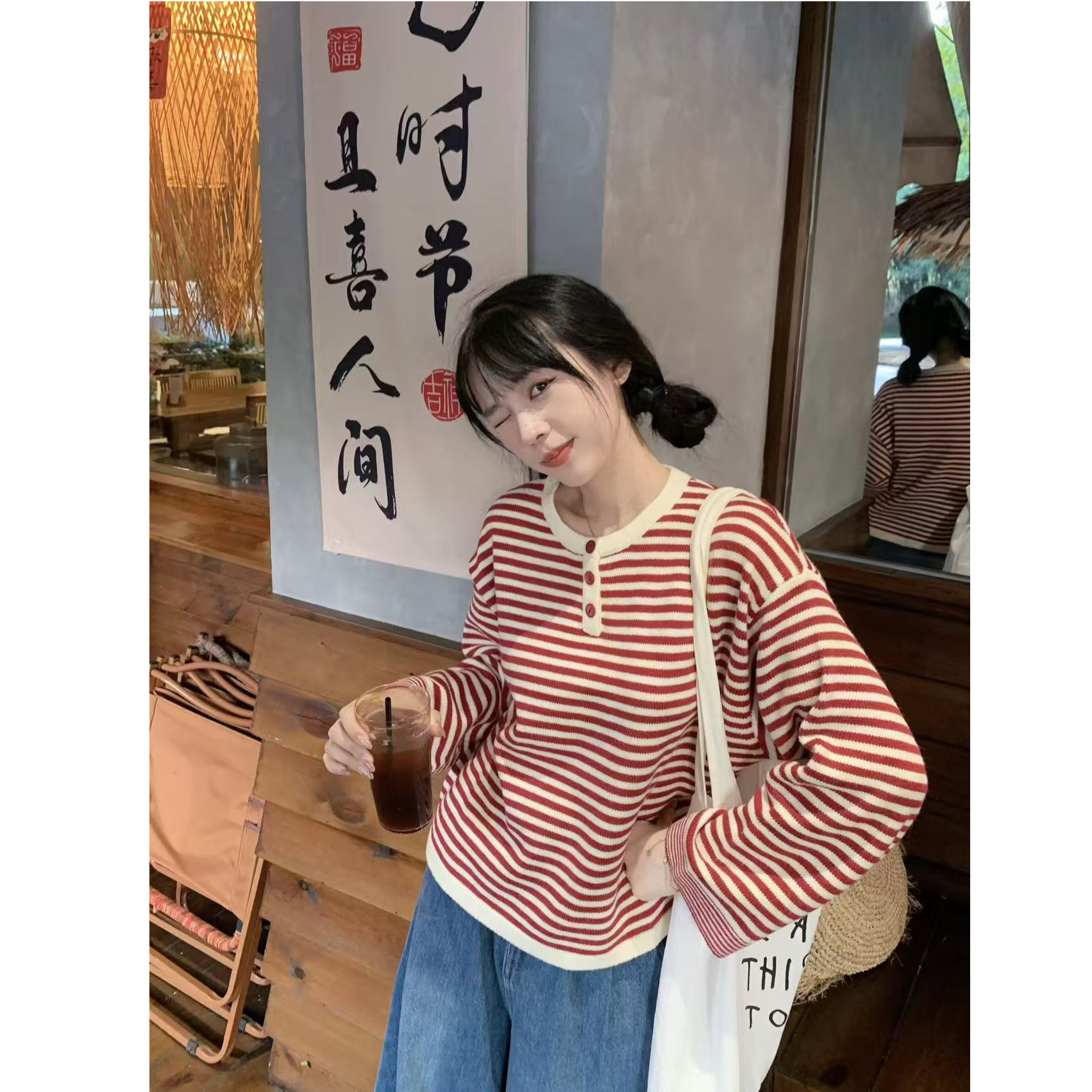 韩系设计感条纹圆领针织衫女毛衣早秋2025新款学院风宽松显瘦上衣