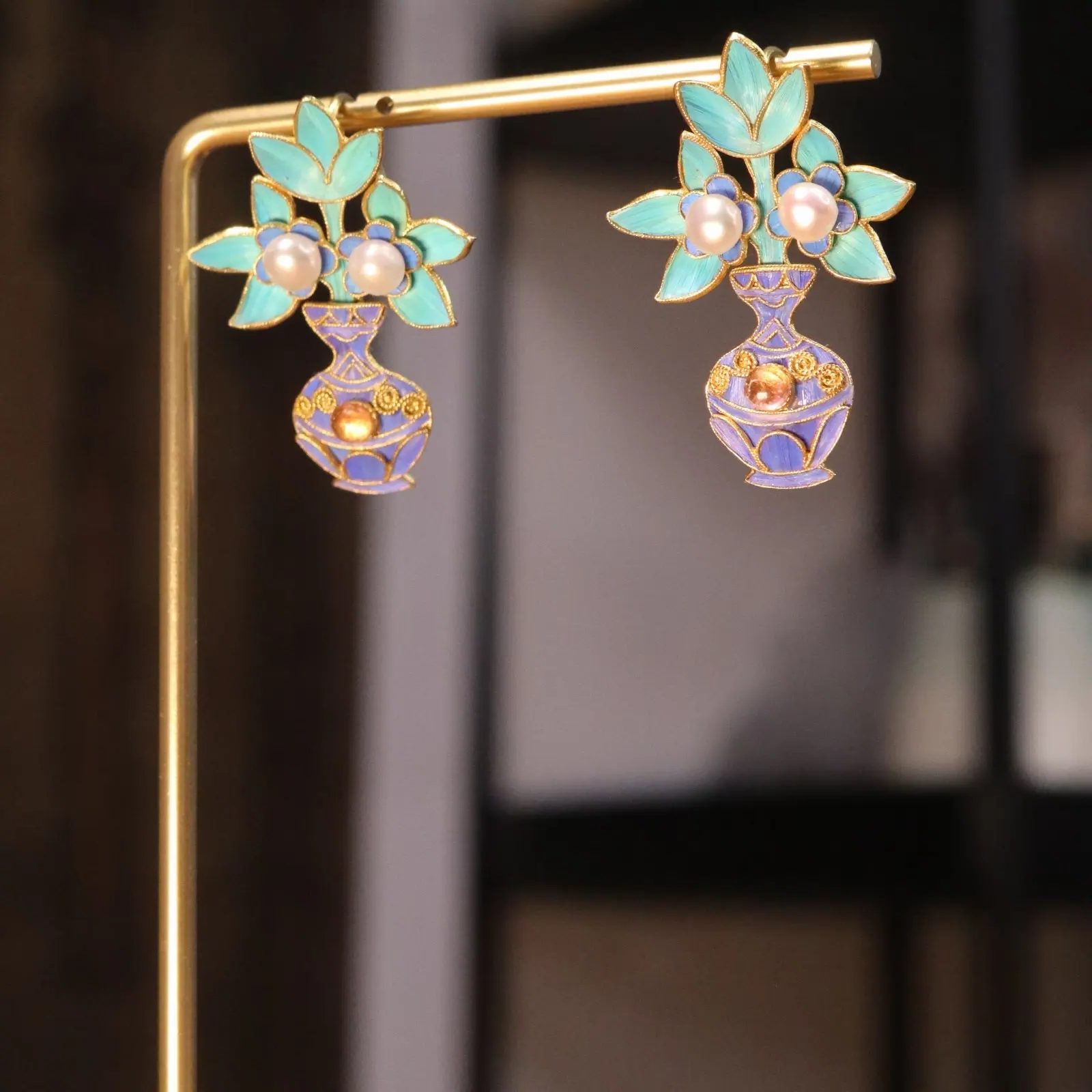 足银仿珍珠耳饰 仿南宋花瓶镶粉玺带珠珠 耳环 银