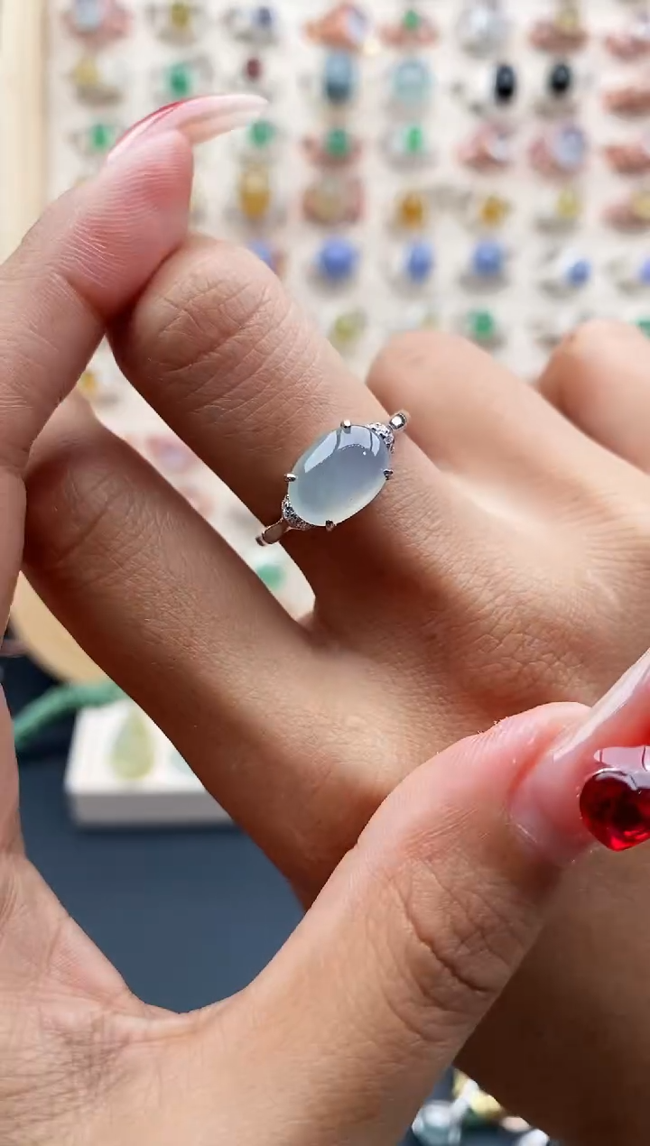 【闪购商品】翡翠戒指银S925镶嵌缅甸天然A货翡翠555 3+9