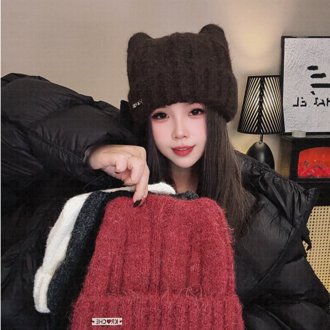 C39大头围含羊毛猫耳森系网红百搭可爱毛绒秋冬女猫耳朵针织帽
