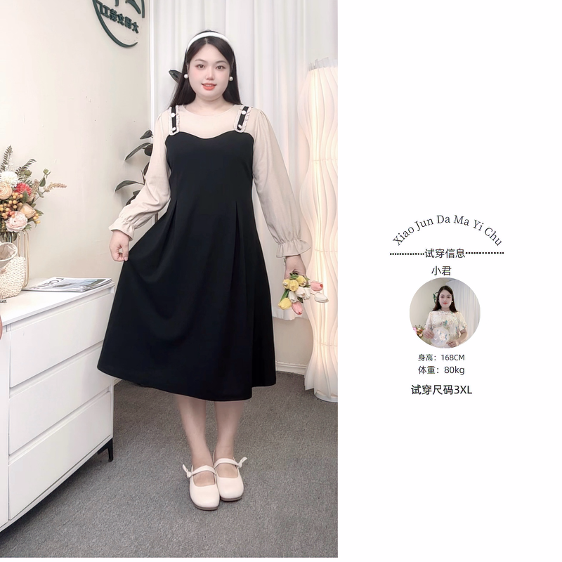 大码胖妹妹2025年秋季新款显瘦假两件拼接遮肉减龄气质连衣裙1361