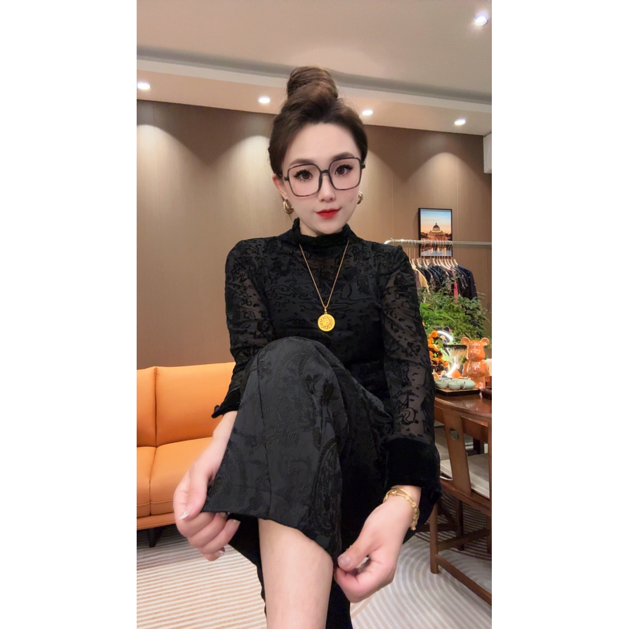 DT秋季新款国风重工腰果提花侧拉链九分女裤957