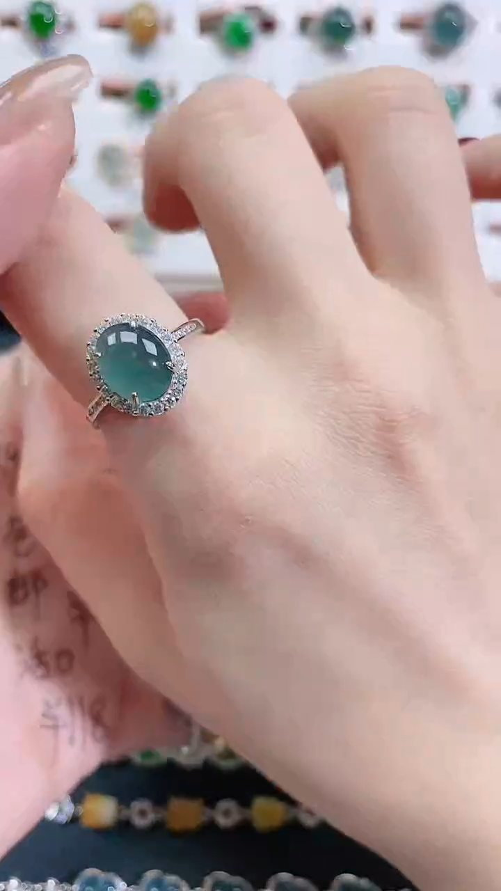 银S925镶嵌戒指翡翠 天然翡翠