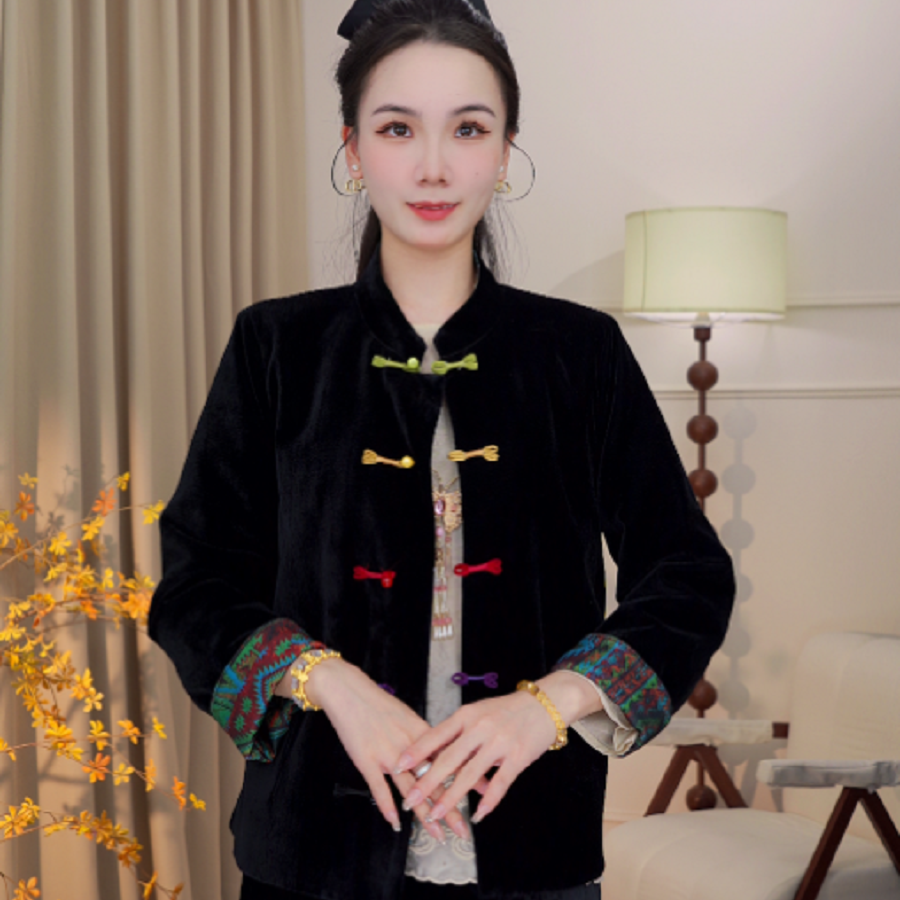 【梦婵】新中式国风早秋新款复古感丝绒外套2025C5871—婷婷杭锦仓