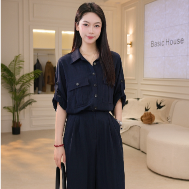 Basic House/百家好CSM新款复古翻领时尚衫休闲长裤夏季连体