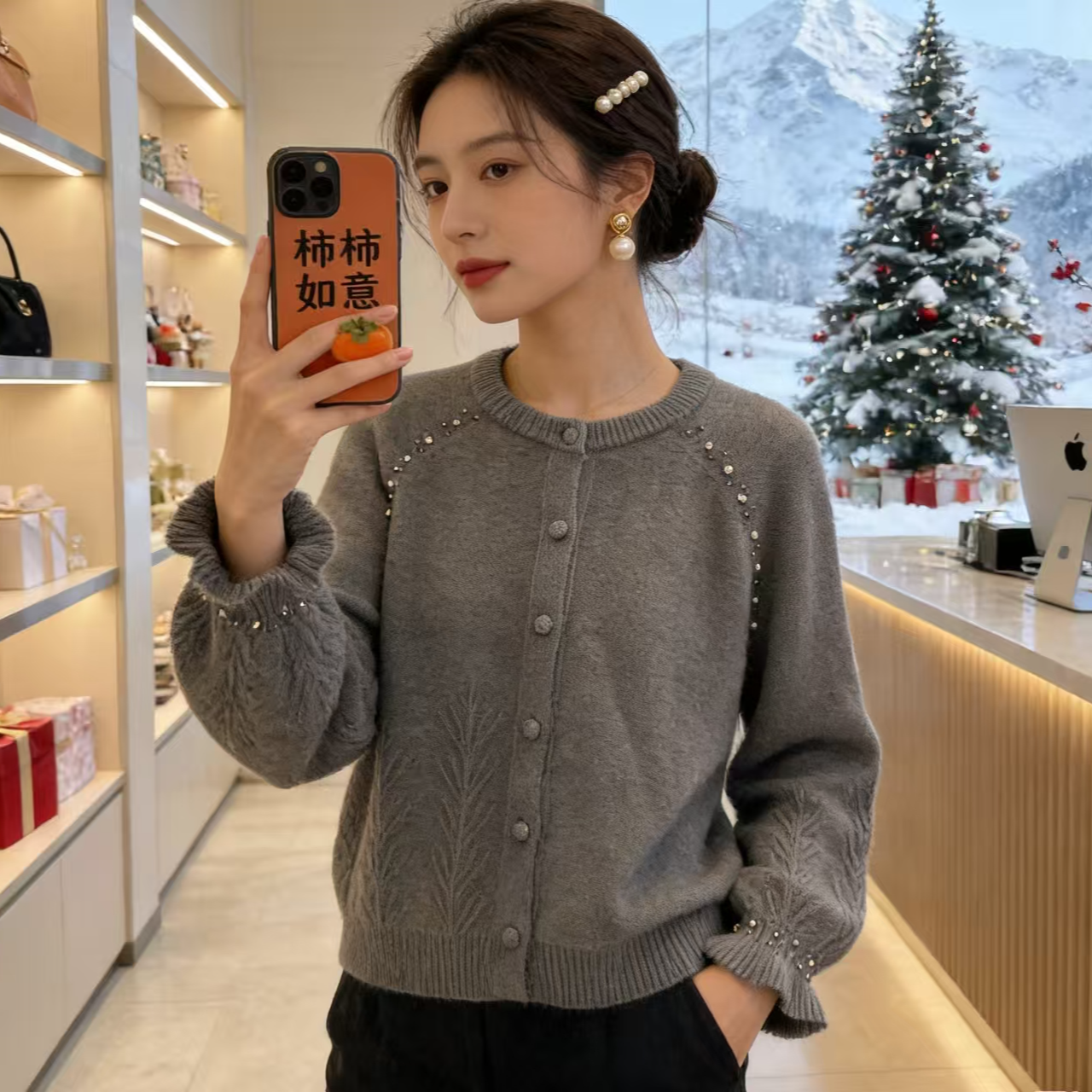 【珍珠袖-灰】钻珠镶嵌单排扣圆领开衫2025秋季新款长袖上衣女