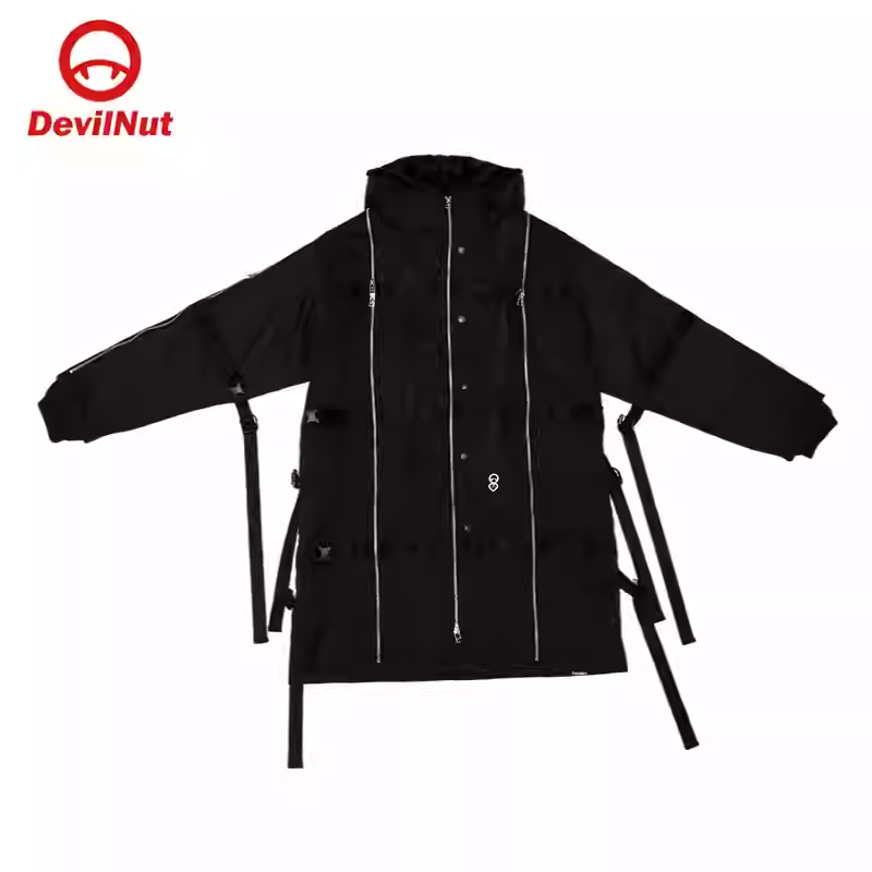 DEVILNUT潮牌恶魔秋冬男女情侣多拉链装饰棉服休闲长款连帽