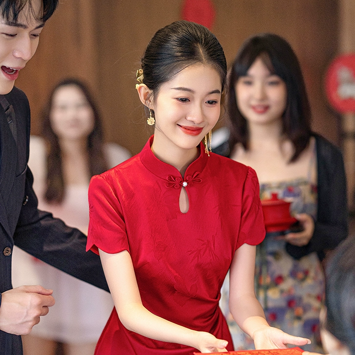 满庭芳【昭愿】红色旗袍女夏季显瘦改良订婚礼服敬酒服新娘敬酒礼服