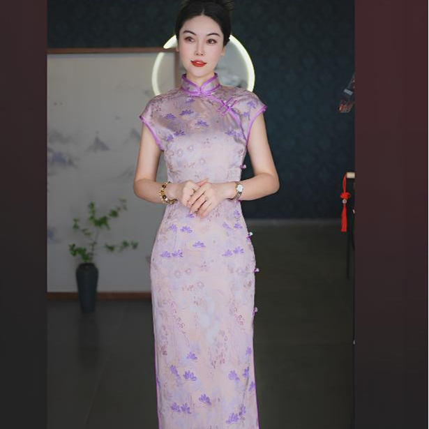 粉墨无袖中国风斜襟修身旗袍气质中长款紫色提花显瘦优雅复古日常