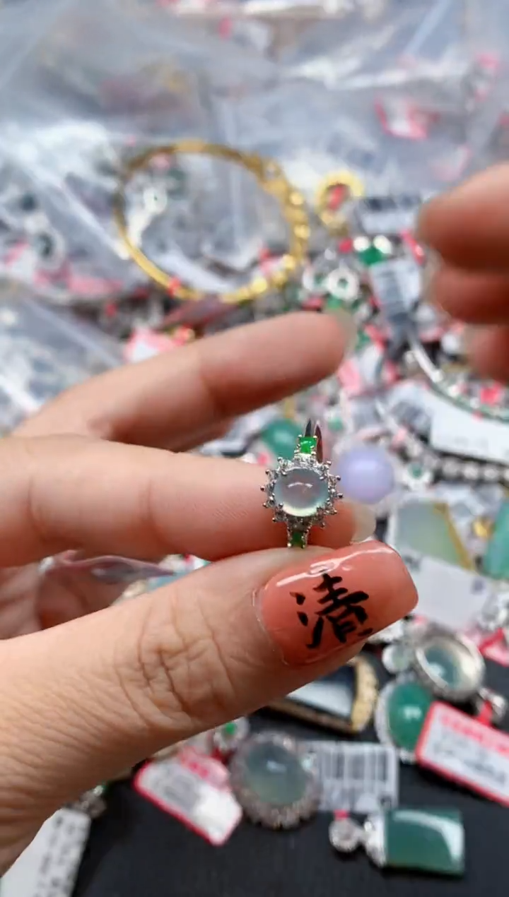 银S925镶嵌戒指翡翠天然A货缅甸翡翠