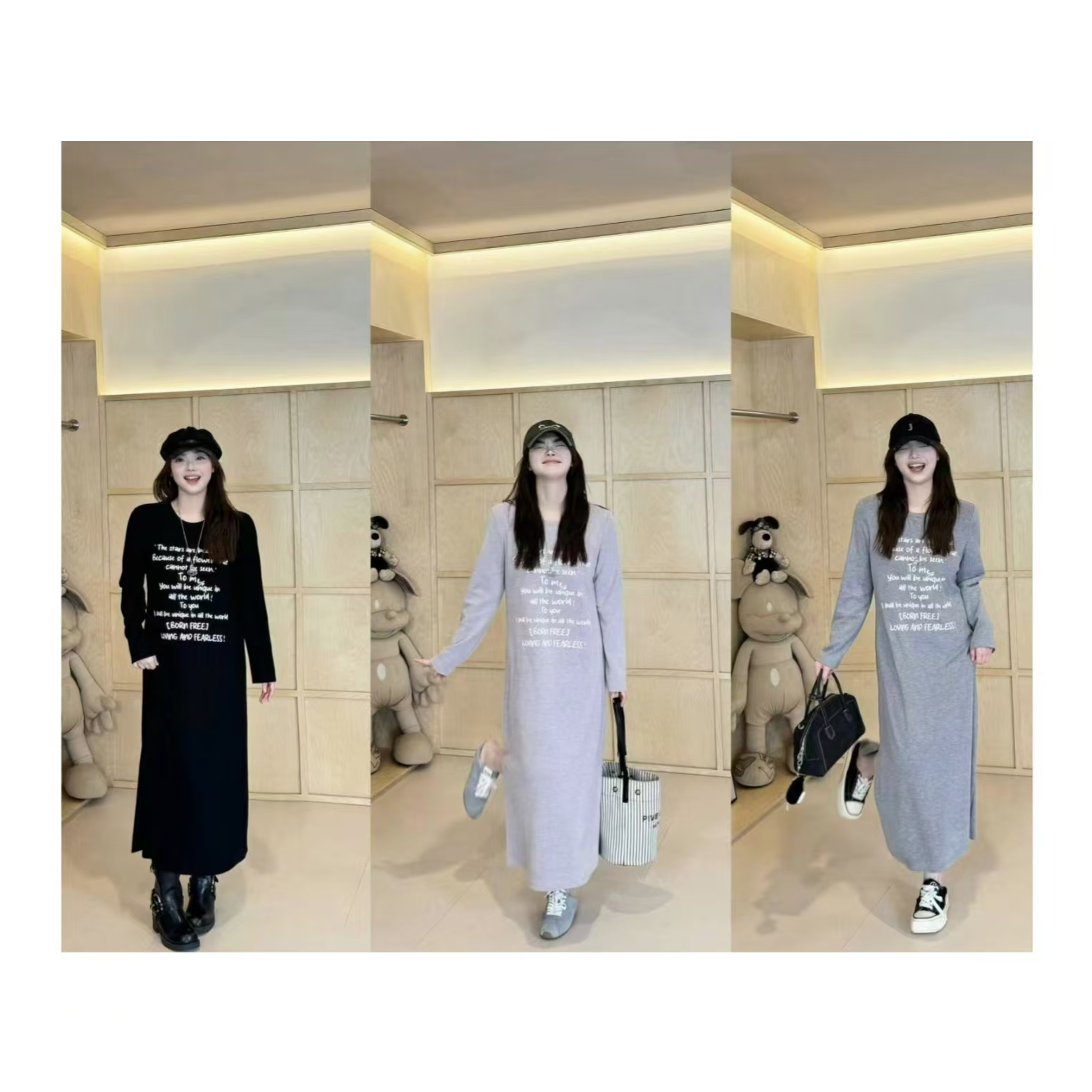 【糯米团子】高级感纯色胸前字母印花软糯料长袖连衣裙