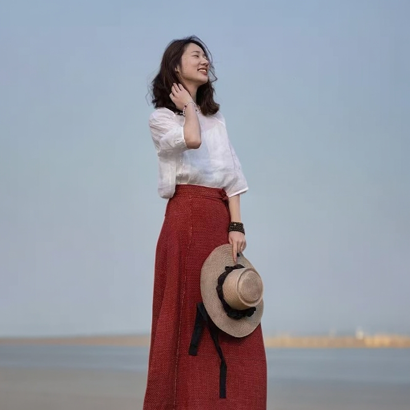 慢慢变蓝Q6177天然麻料文艺风百搭系绳裹裙半身裙夏季半裙