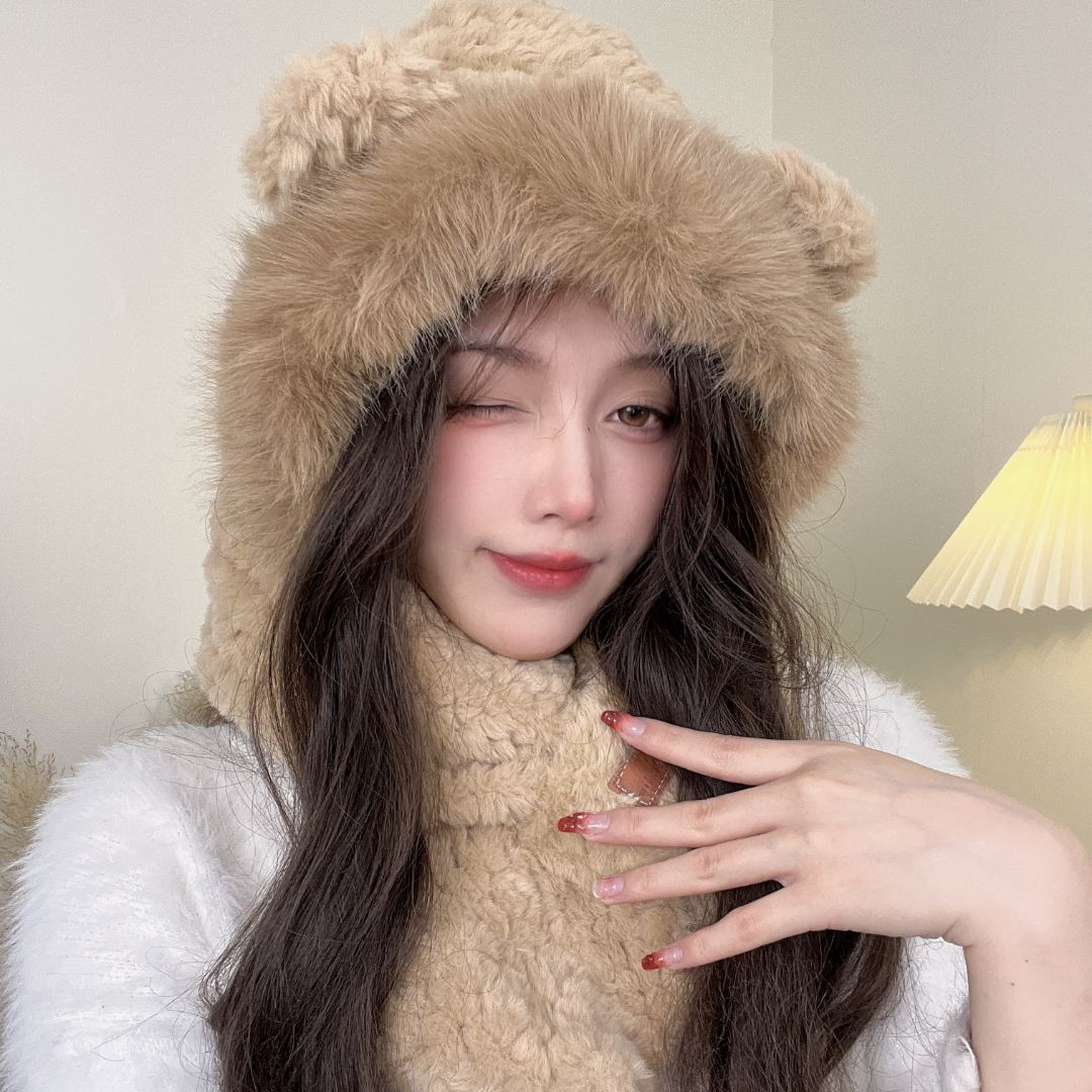 反季特卖毛绒可爱小熊耳朵护耳帽子女秋冬加厚保暖包头帽防寒