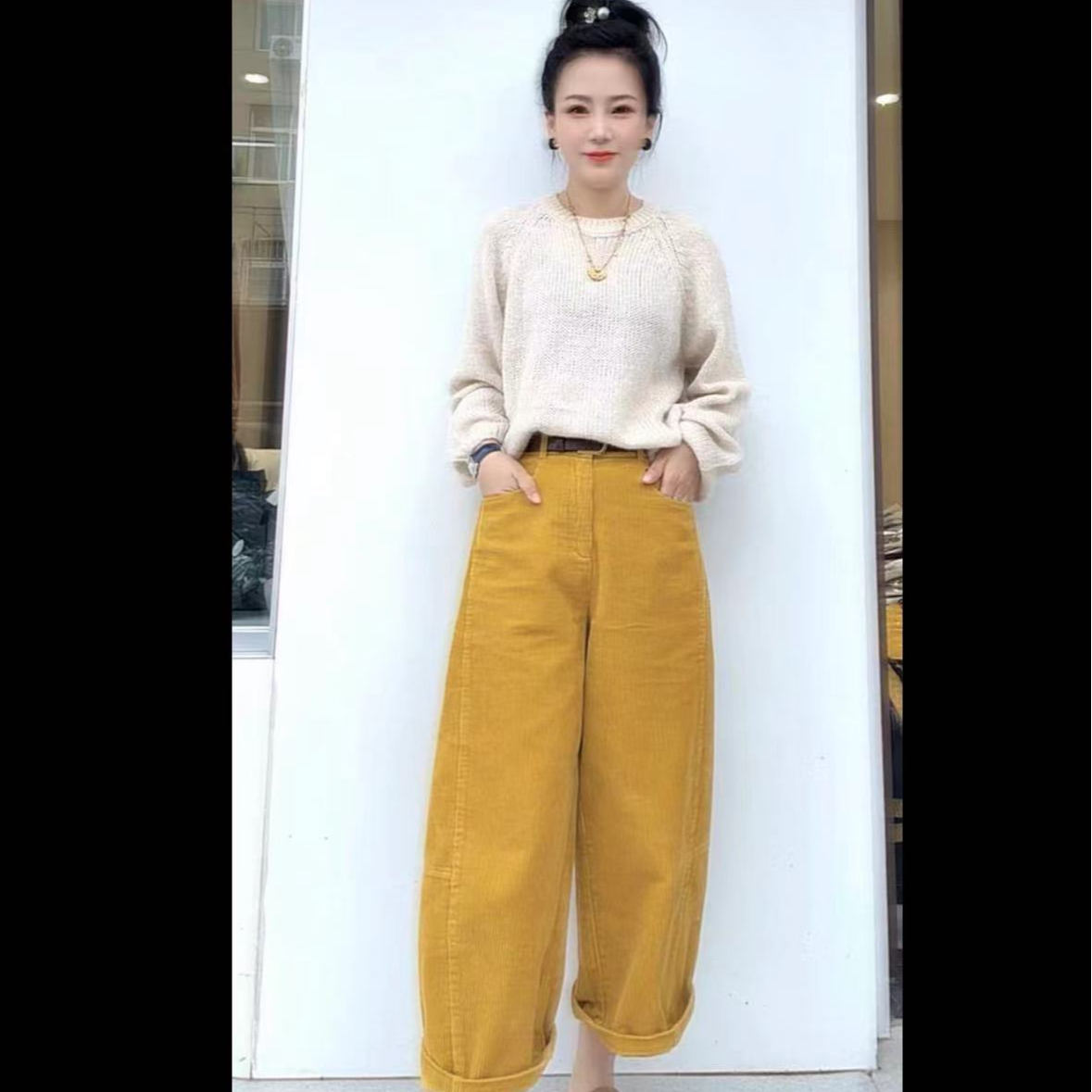 欧货宽条绒香蕉裤
