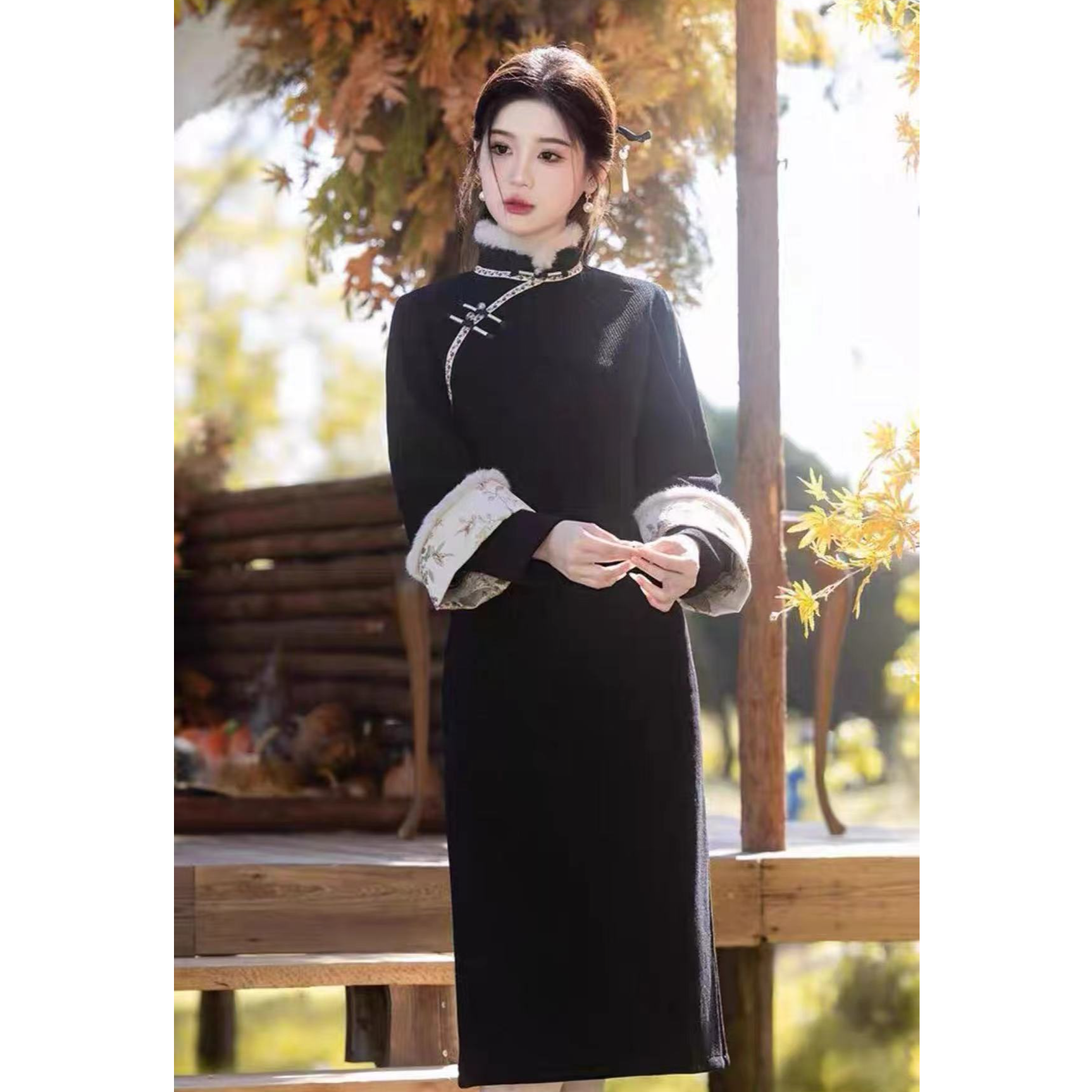 801-黑色 冬款   织带 双袖 年轻 旗袍