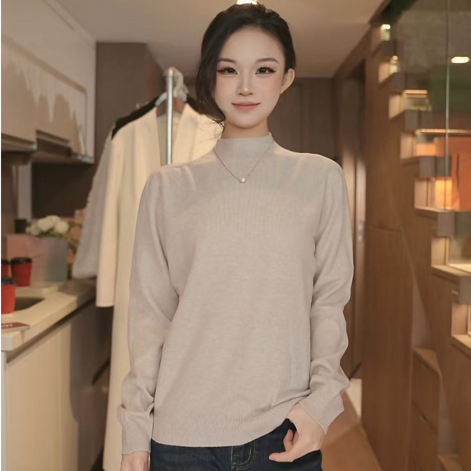保暖纯色圆领长袖毛针织衫秋冬高级