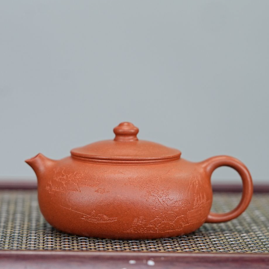 宜兴原矿紫砂壶 原矿龙山朱砂 全手工 刻图 寒江壶 紫砂壶