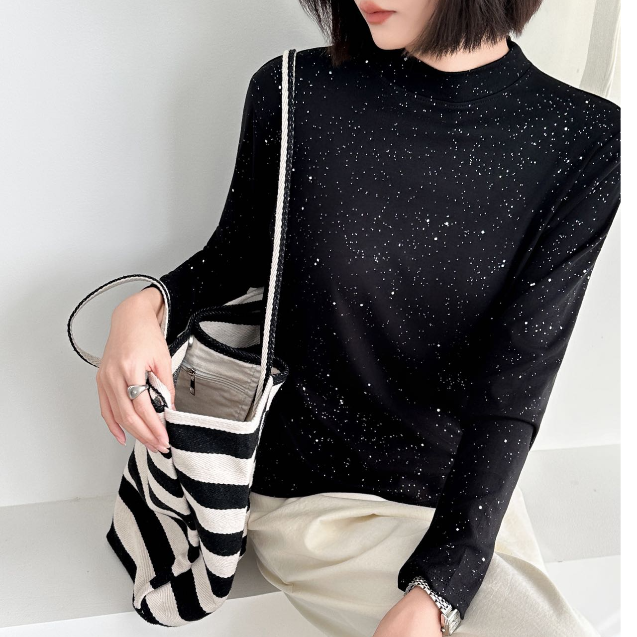 满天星小立领长袖T恤女士立领百搭打底